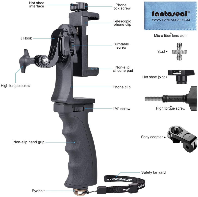 Fantaseal 2in1 Ergonomic Portable Action Camera+Smartphone SYN Hand Grip Stabilizer Combo Mount Video Vlogging Rig Holder Kit for GoPro iPhone Interview Travel YouTube Tiktok Streaming-Mic+Light Adapter - Image 3
